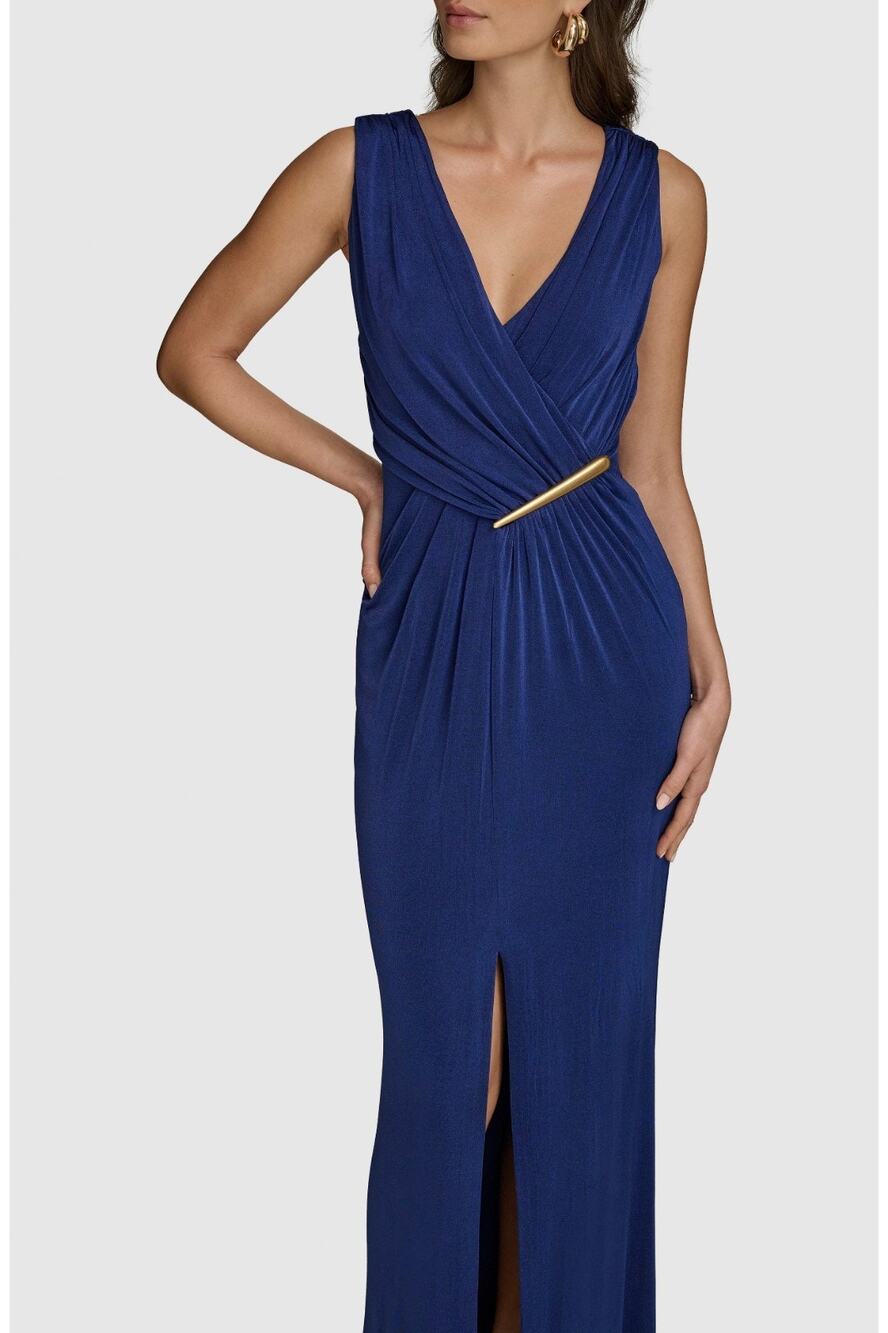 Donna Karan New York Womens Blue Faux Wrap Embellished Gown Dress Size 2 Blue